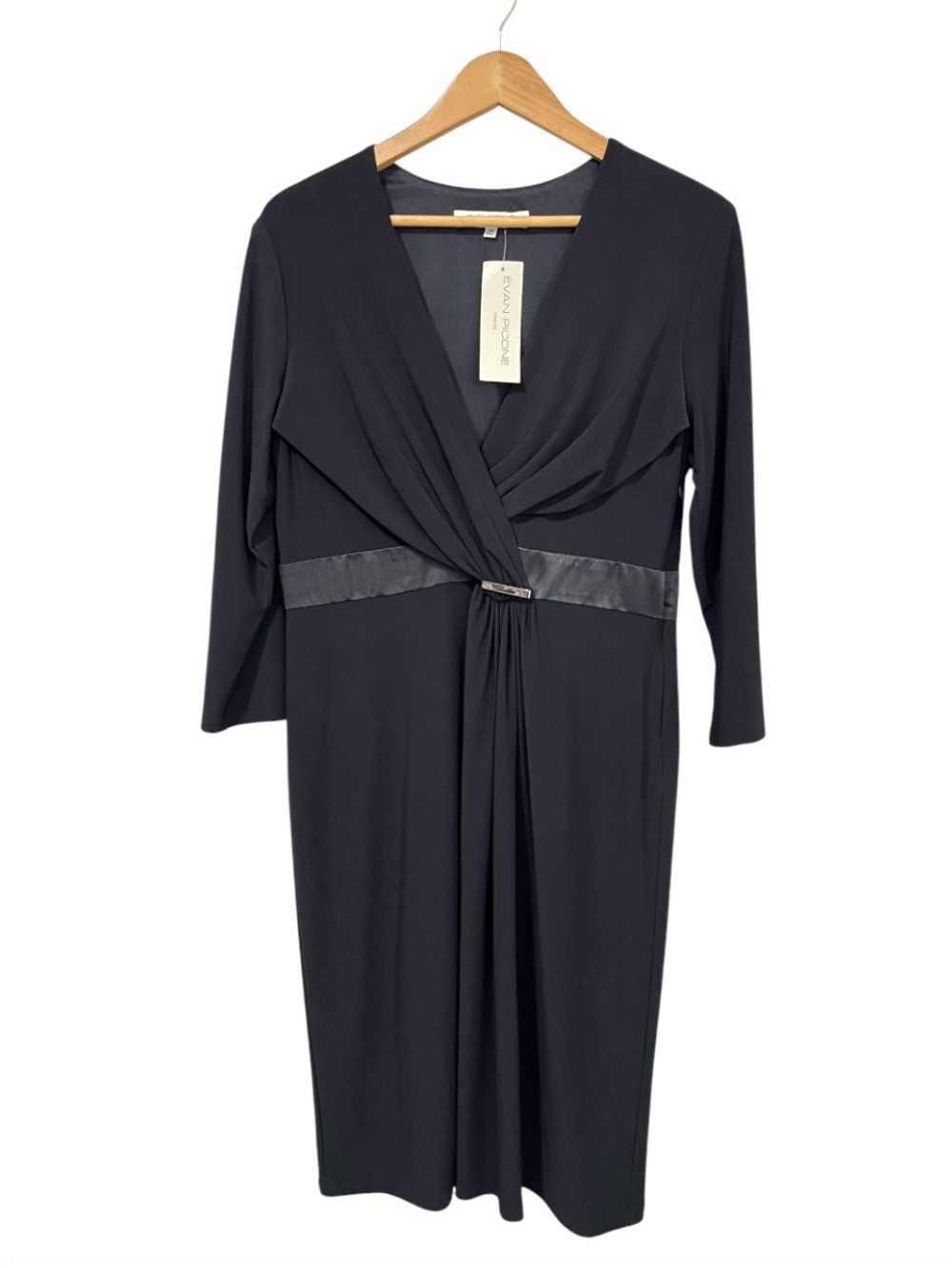 NWT Evan Picone Black Satin Waist Draped Dress